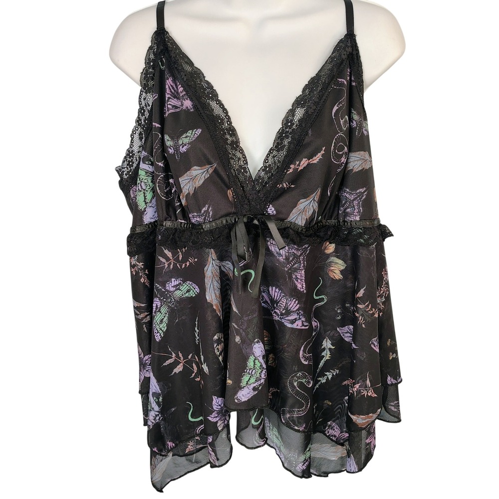 Romwe Women 4XL Black Moth Snake Print Mesh Cami Lace Trim Babydoll Top y2k goth
